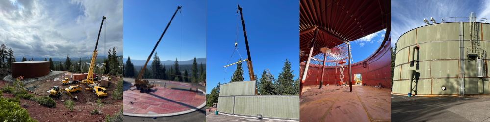 A selection of photos showing the progress of the construction of a water tank