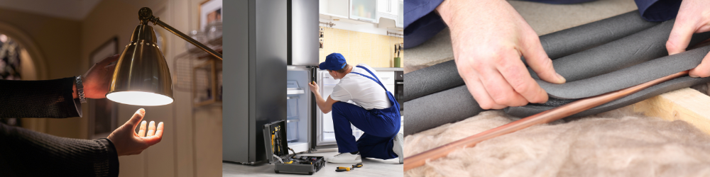 Pictures of a person changing a lightblub, a refrigerator repairman, and a person applying insulation to pipes.